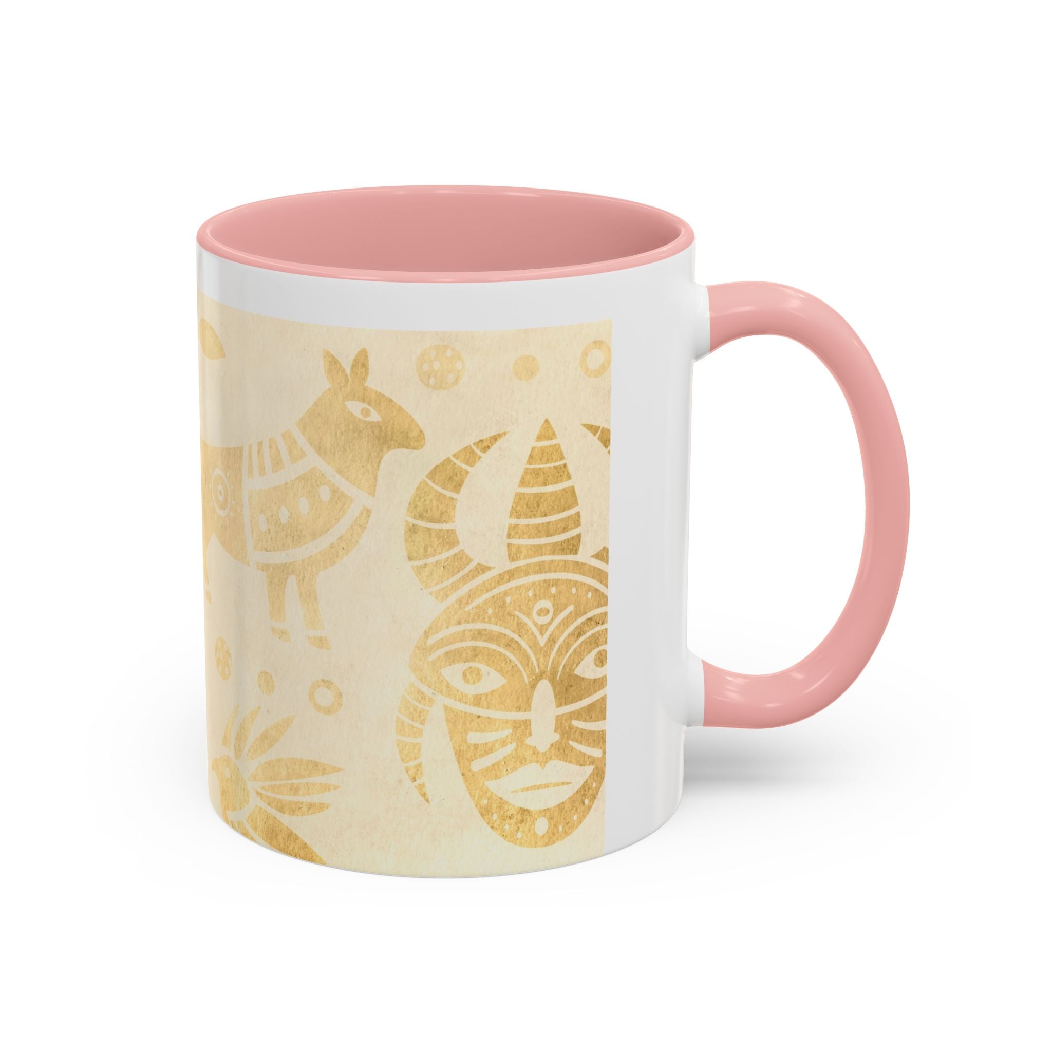 Golden Folk Art Coffee Mug — Animal Mask Pattern Accent Mug (11/15oz)