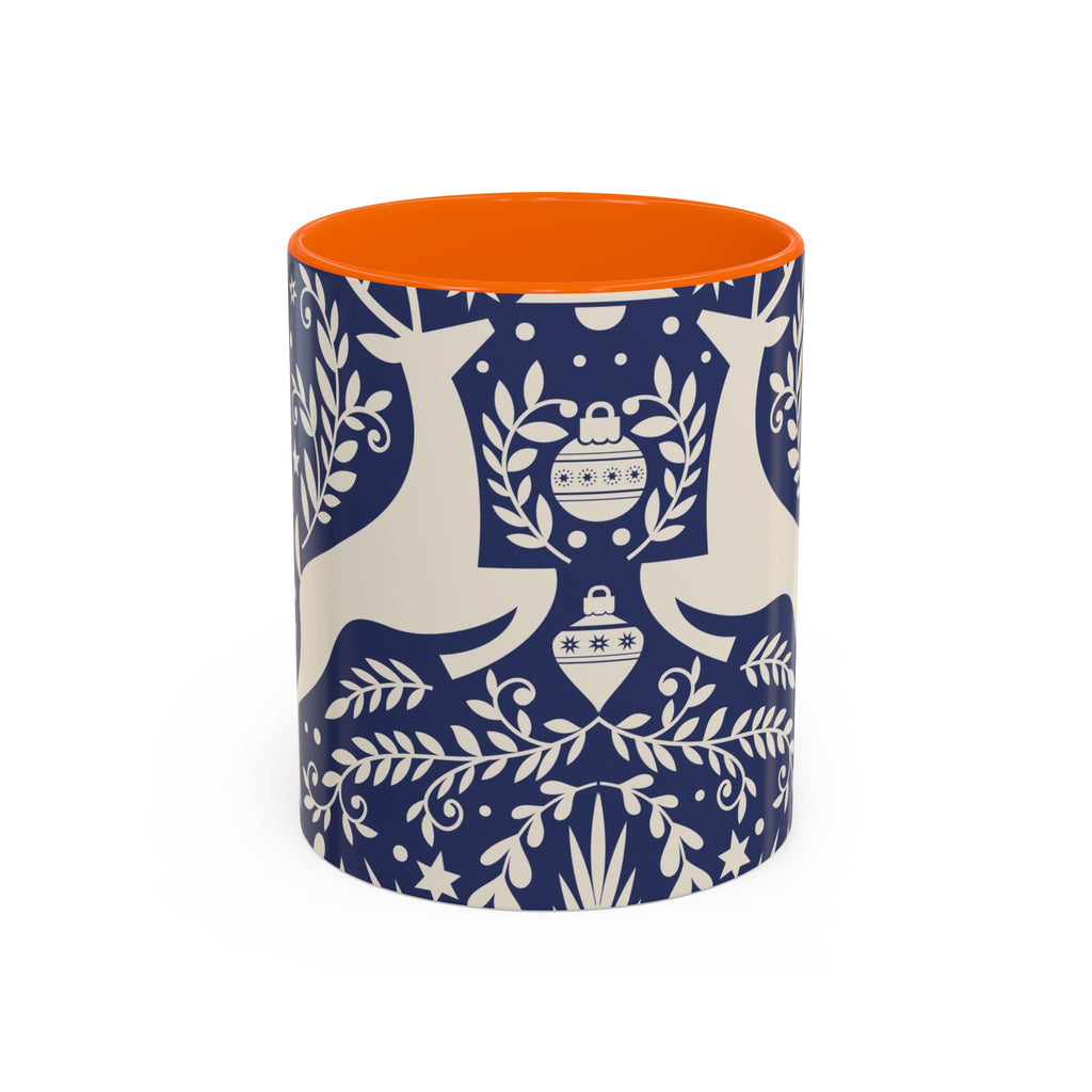 Nordic Reindeer Pattern Accent Coffee Mug — Blue Holiday Tea Cup (11/15oz)