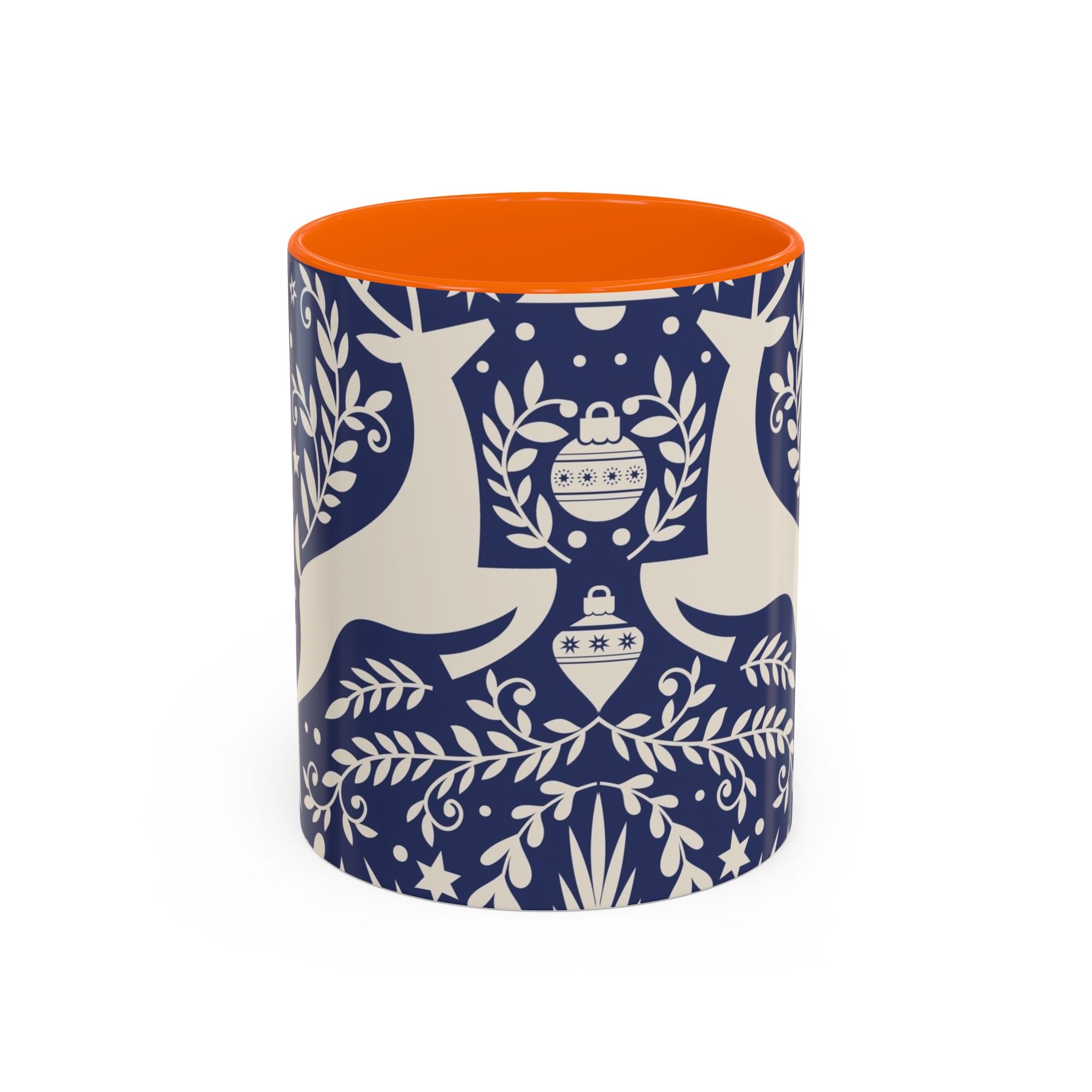 Nordic Reindeer Pattern Accent Coffee Mug — Blue Holiday Tea Cup (11/15oz)