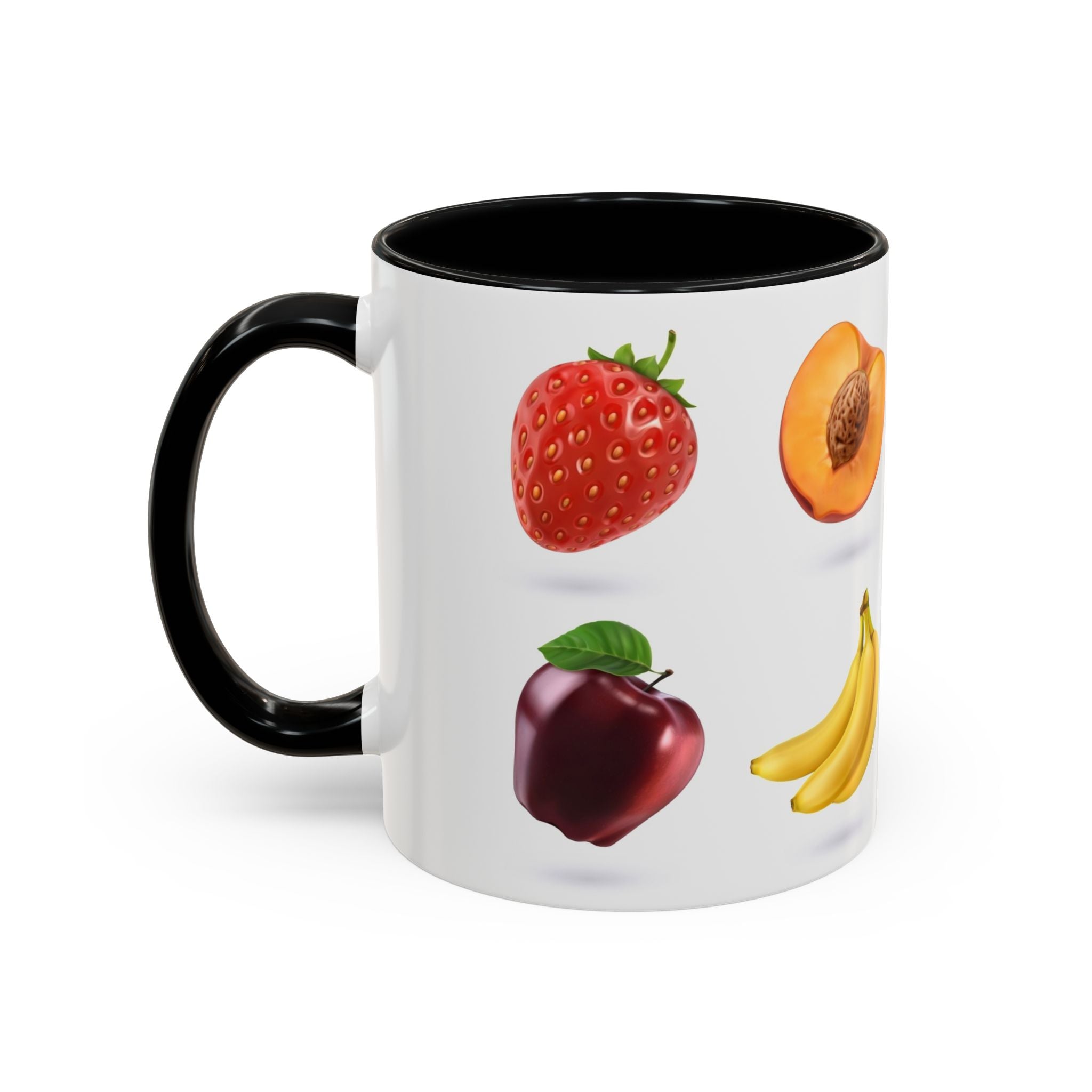 Fruit Pattern Accent Coffee Mug — Colorful Tropical Fruit Icons (11/15oz)