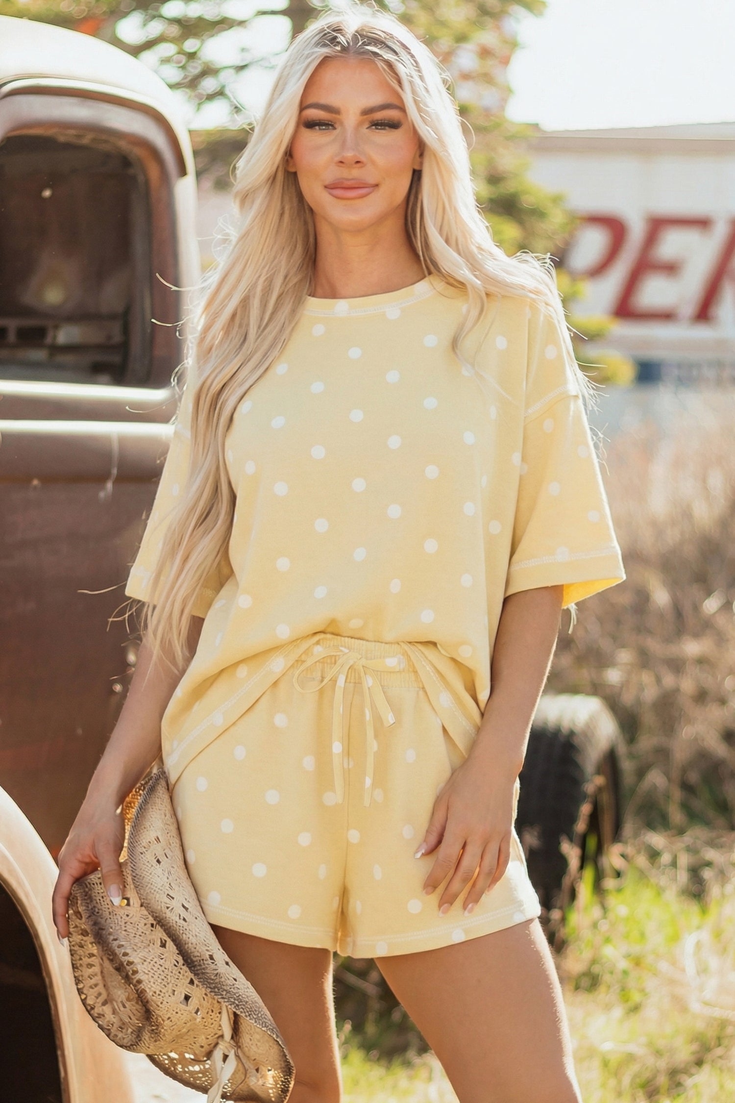 Polka Dot Loose Tee & Drawstring Shorts Set