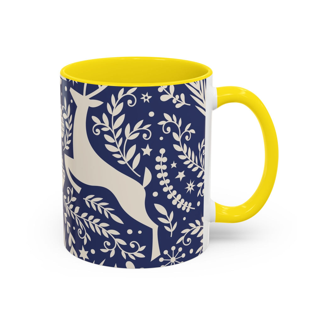 Nordic Reindeer Pattern Accent Coffee Mug — Blue Holiday Tea Cup (11/15oz)