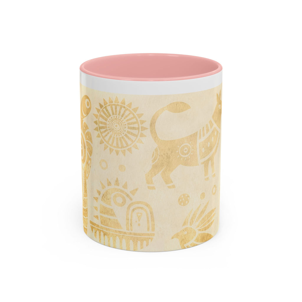 Golden Folk Art Coffee Mug — Animal Mask Pattern Accent Mug (11/15oz)