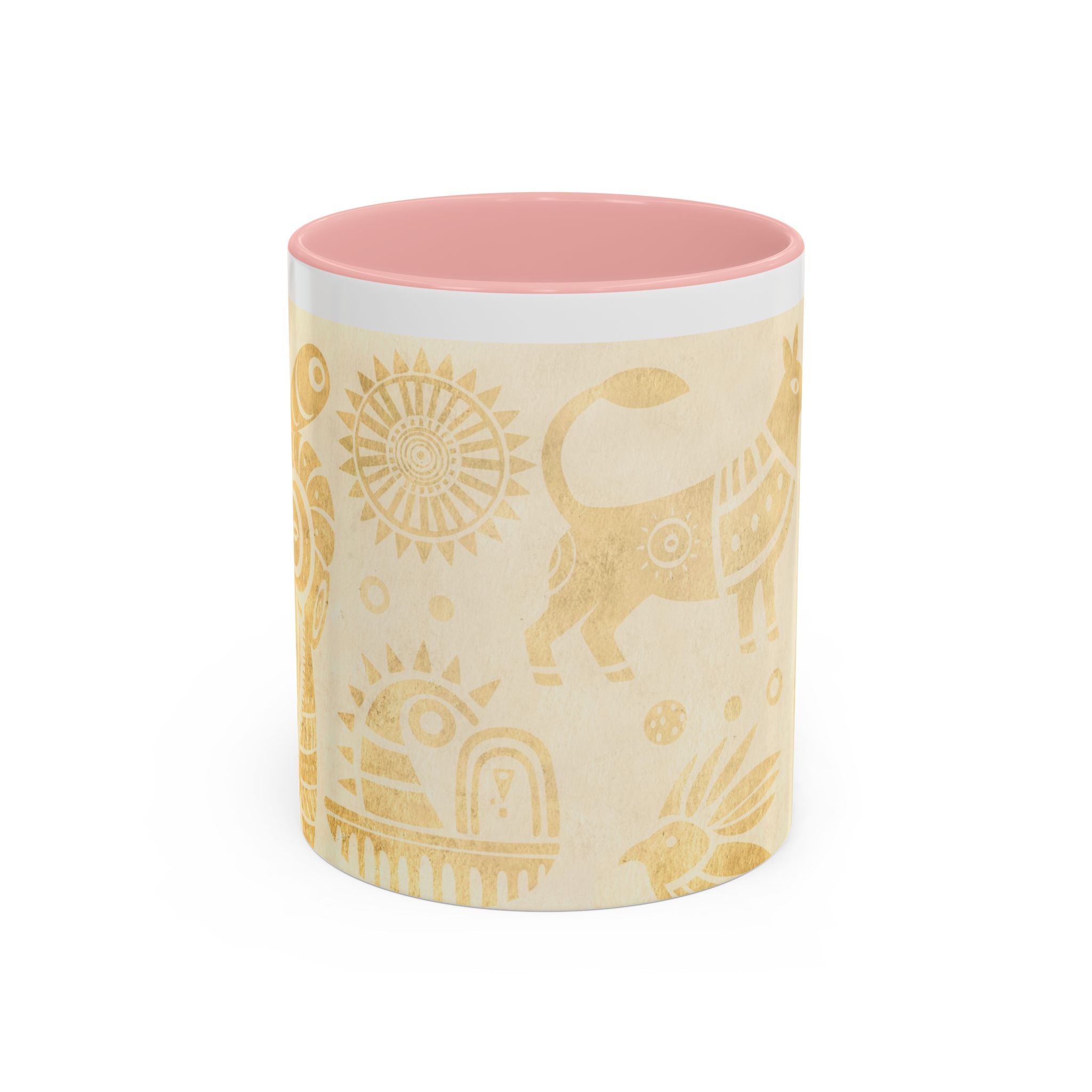Golden Folk Art Coffee Mug — Animal Mask Pattern Accent Mug (11/15oz)