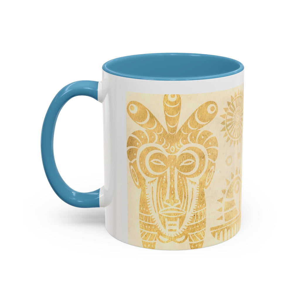 Golden Folk Art Coffee Mug — Animal Mask Pattern Accent Mug (11/15oz)