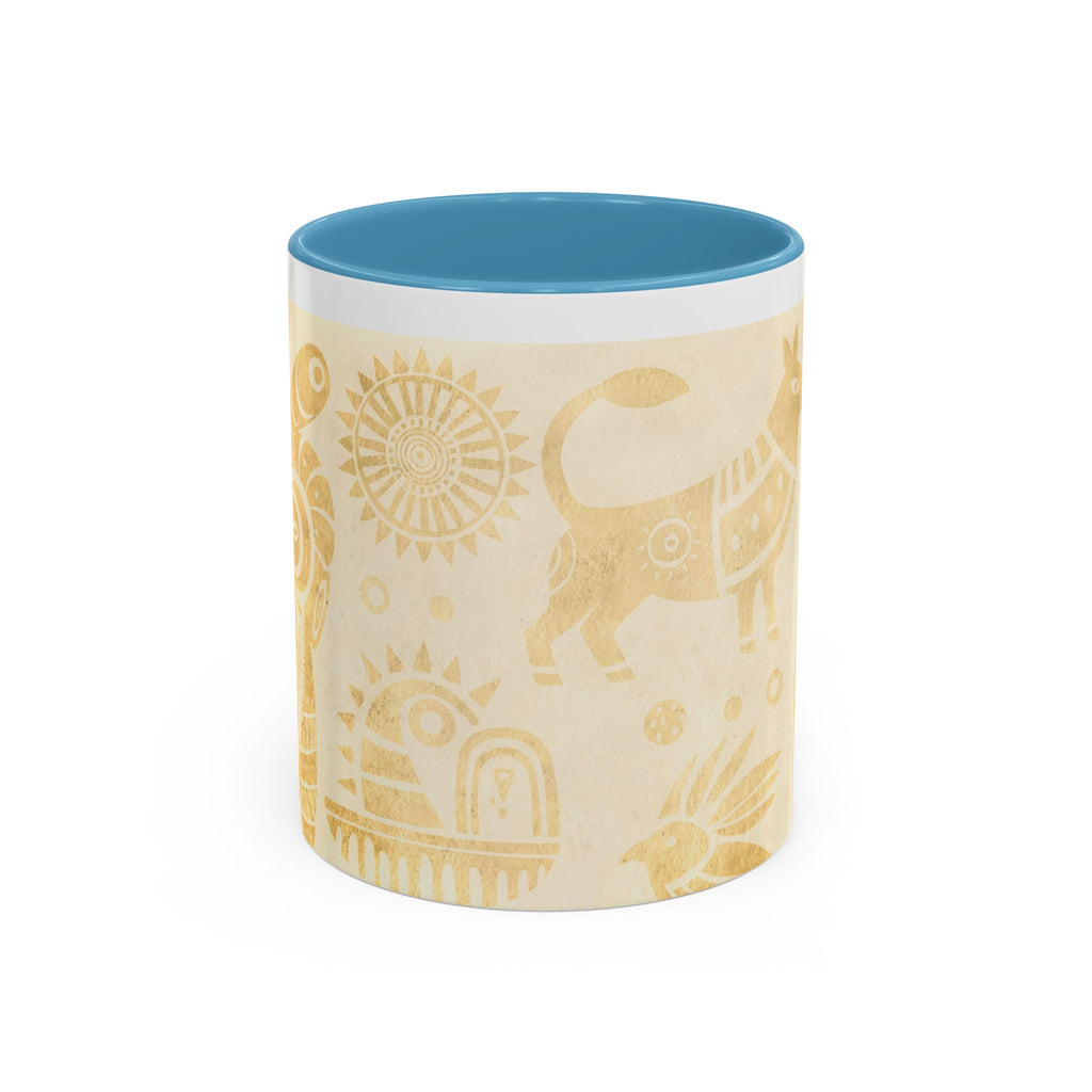 Golden Folk Art Coffee Mug — Animal Mask Pattern Accent Mug (11/15oz)