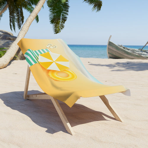 Beach Towel - Sunny Beach Scene with Umbrella & Inflatable Ring