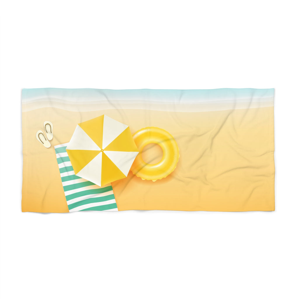 Beach Towel - Sunny Beach Scene with Umbrella & Inflatable Ring