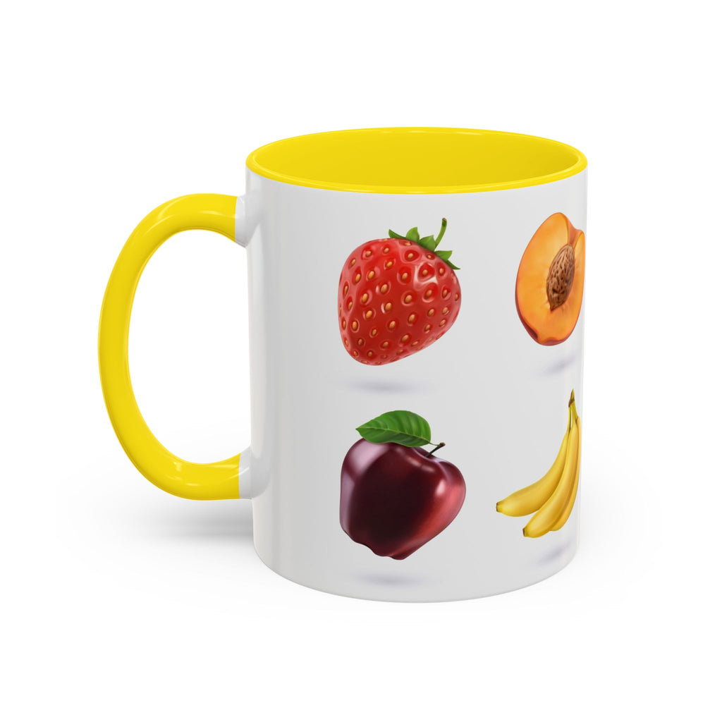 Fruit Pattern Accent Coffee Mug — Colorful Tropical Fruit Icons (11/15oz)