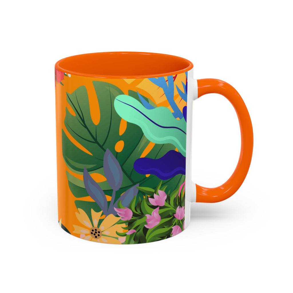 Tropical Floral Accent Coffee Mug — Bright Orange Botanical Design (11/15 oz)