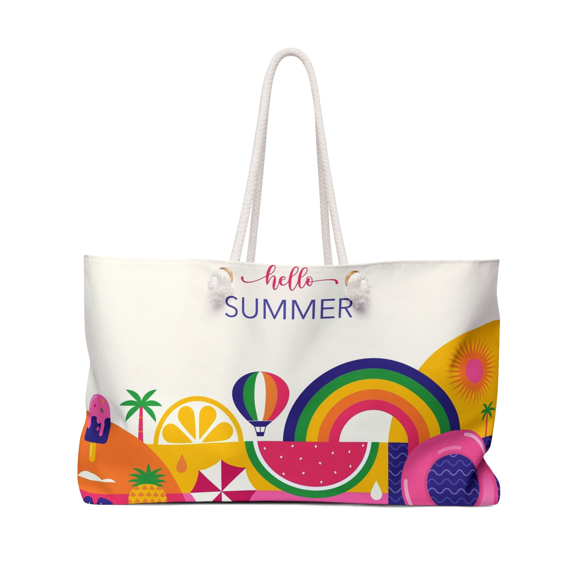 Hello Summer Colorful Beach Illustration Weekender Bag | Rainbow Watermelon Tote