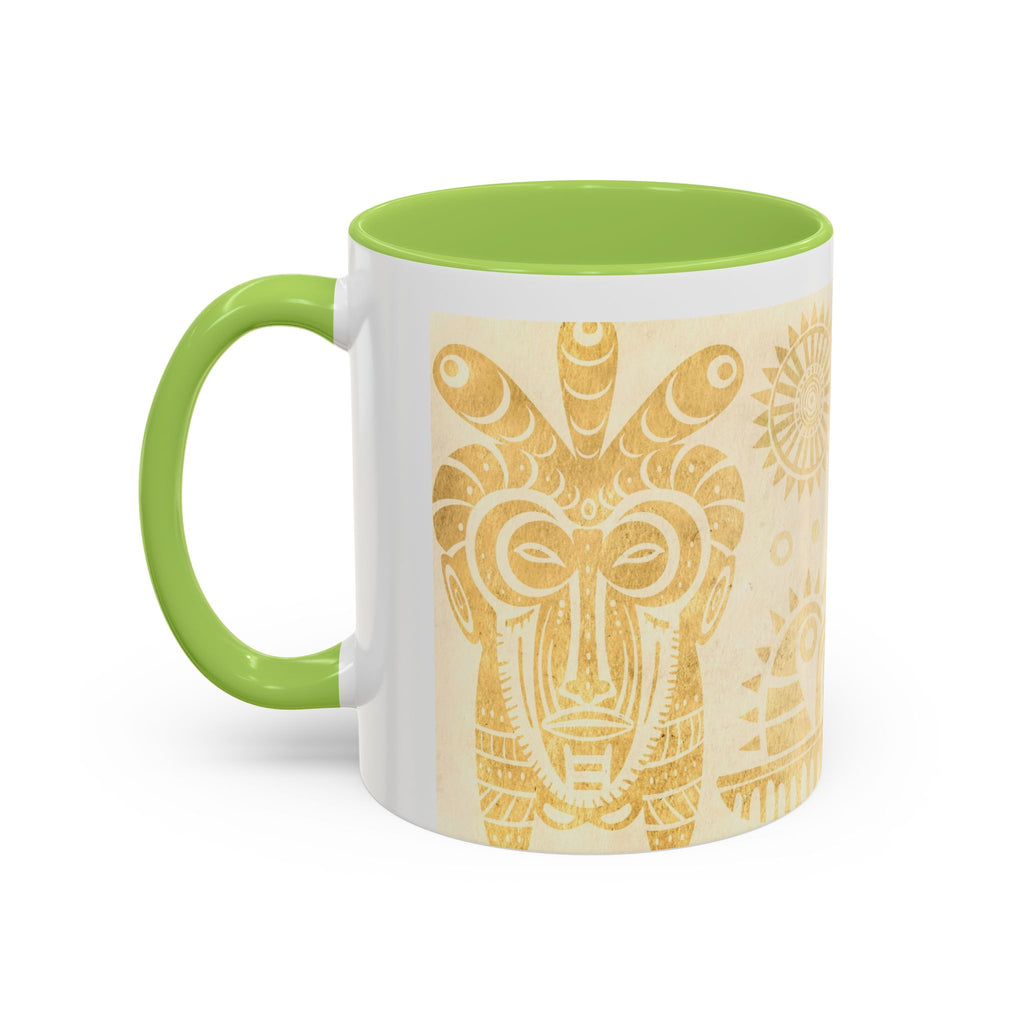 Golden Folk Art Coffee Mug — Animal Mask Pattern Accent Mug (11/15oz)