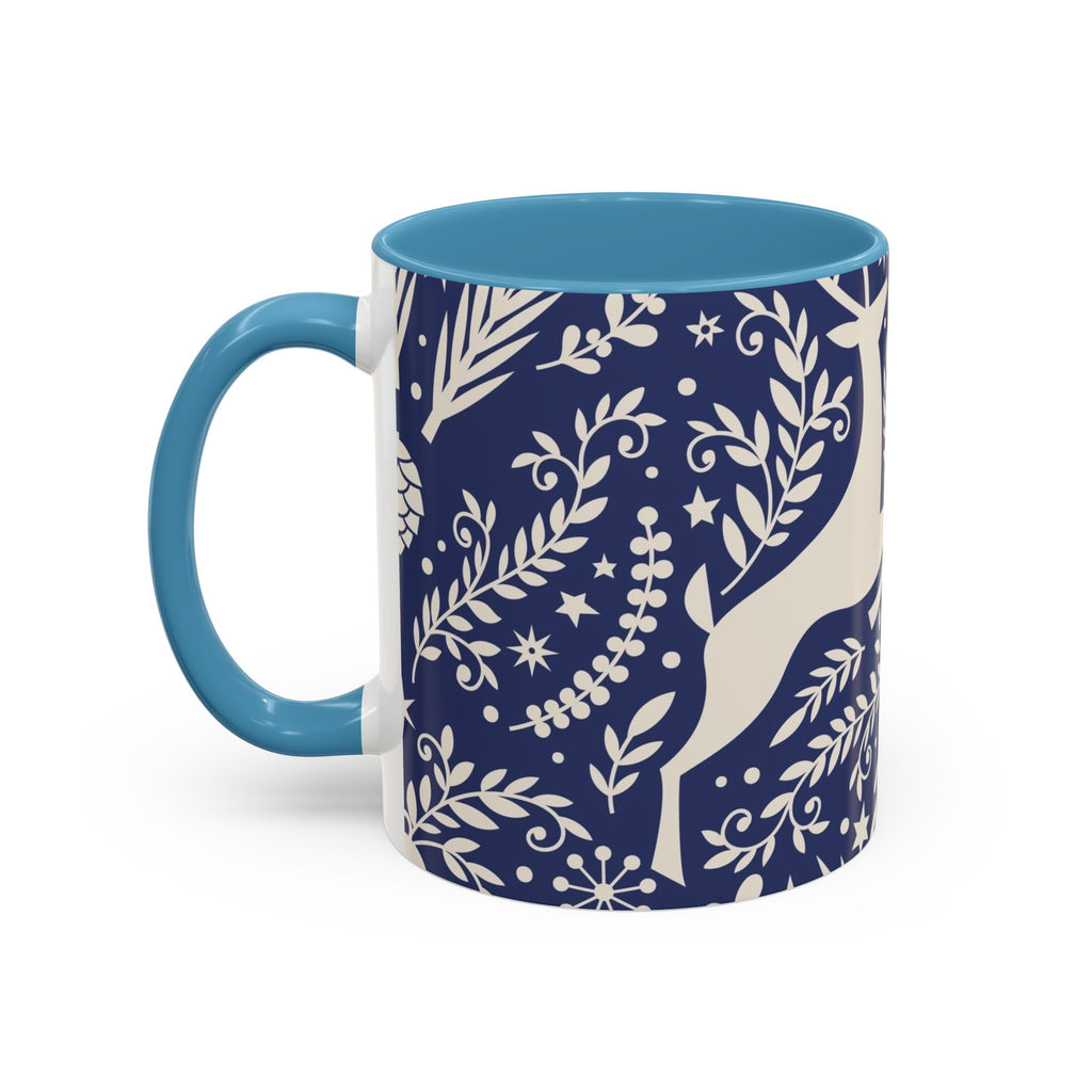 Nordic Reindeer Pattern Accent Coffee Mug — Blue Holiday Tea Cup (11/15oz)