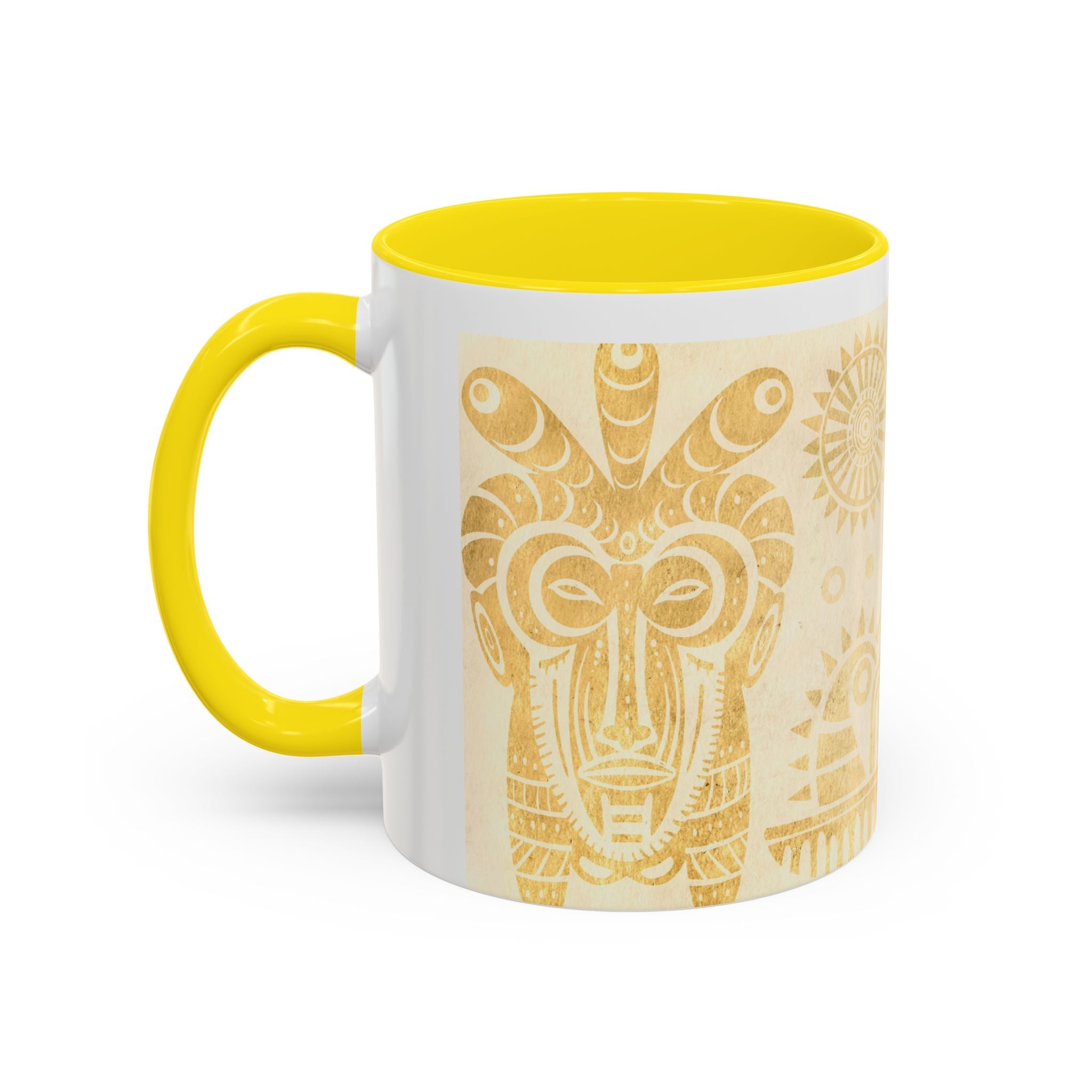 Golden Folk Art Coffee Mug — Animal Mask Pattern Accent Mug (11/15oz)