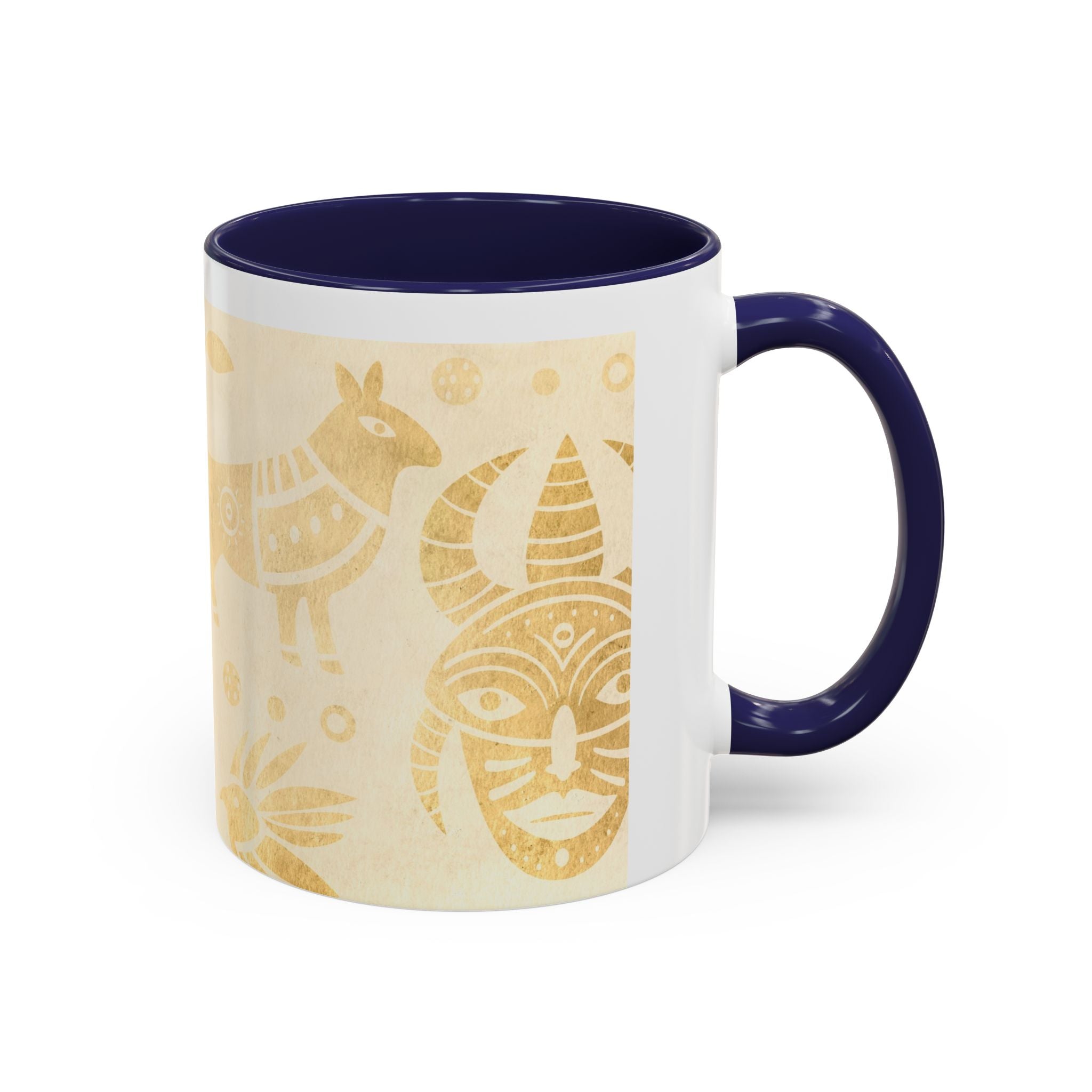 Golden Folk Art Coffee Mug — Animal Mask Pattern Accent Mug (11/15oz)
