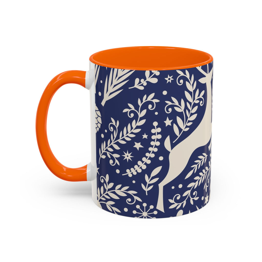 Nordic Reindeer Pattern Accent Coffee Mug — Blue Holiday Tea Cup (11/15oz)