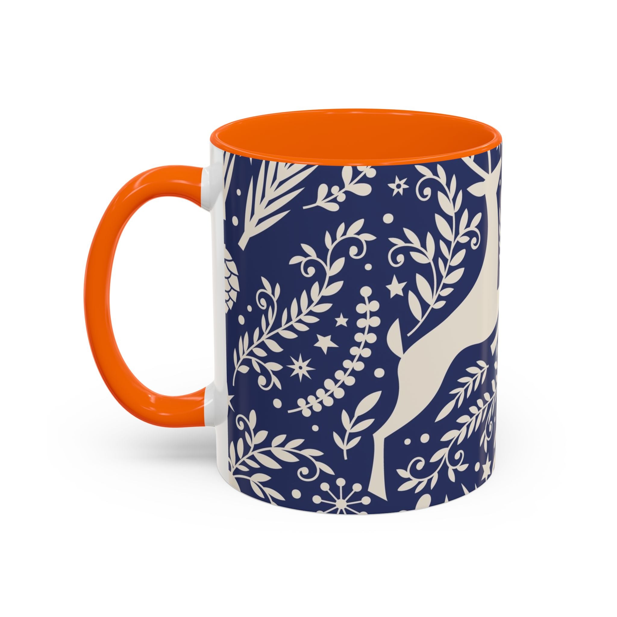 Nordic Reindeer Pattern Accent Coffee Mug — Blue Holiday Tea Cup (11/15oz)