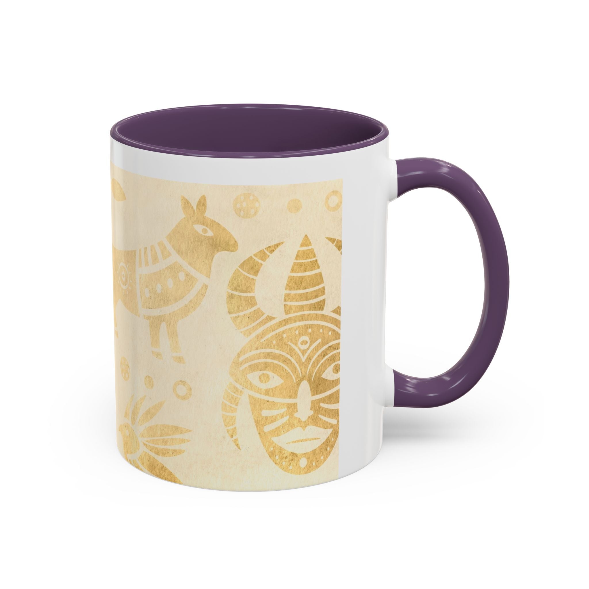 Golden Folk Art Coffee Mug — Animal Mask Pattern Accent Mug (11/15oz)