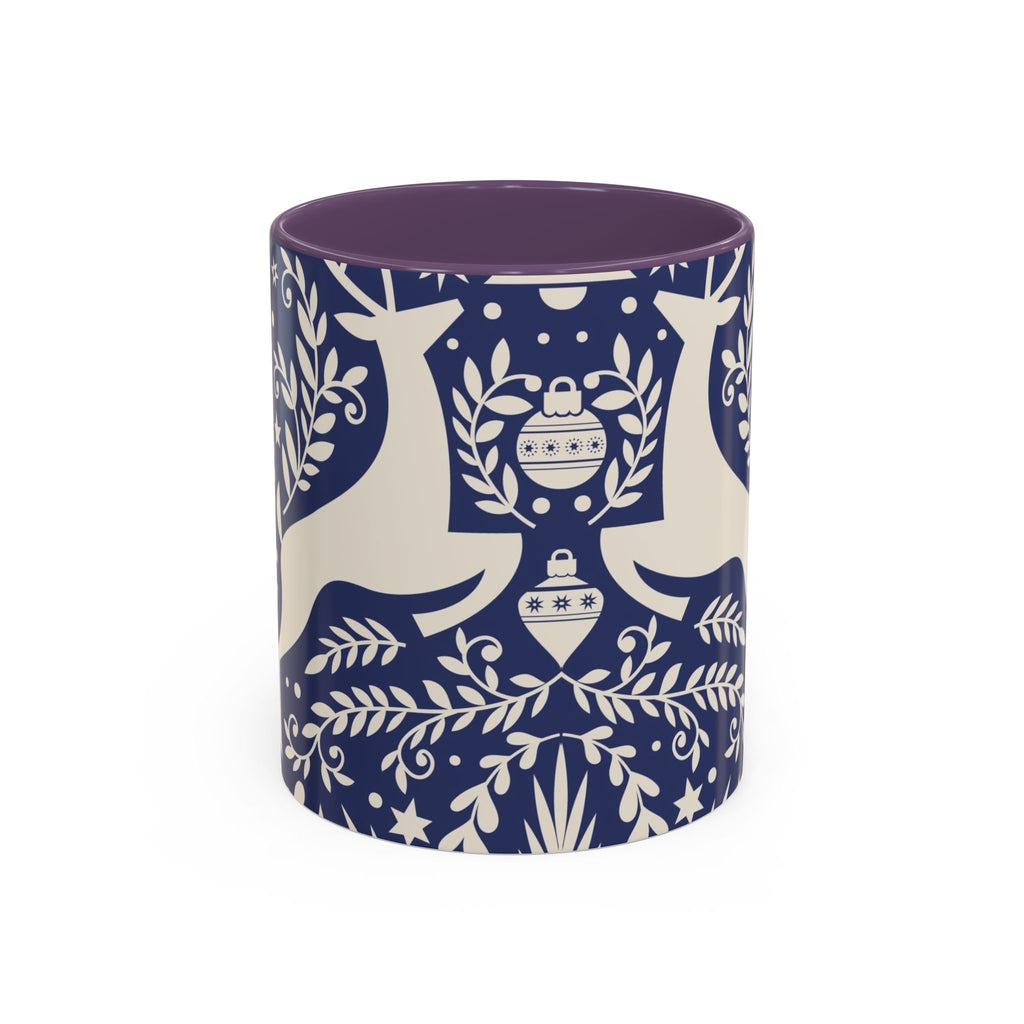 Nordic Reindeer Pattern Accent Coffee Mug — Blue Holiday Tea Cup (11/15oz)
