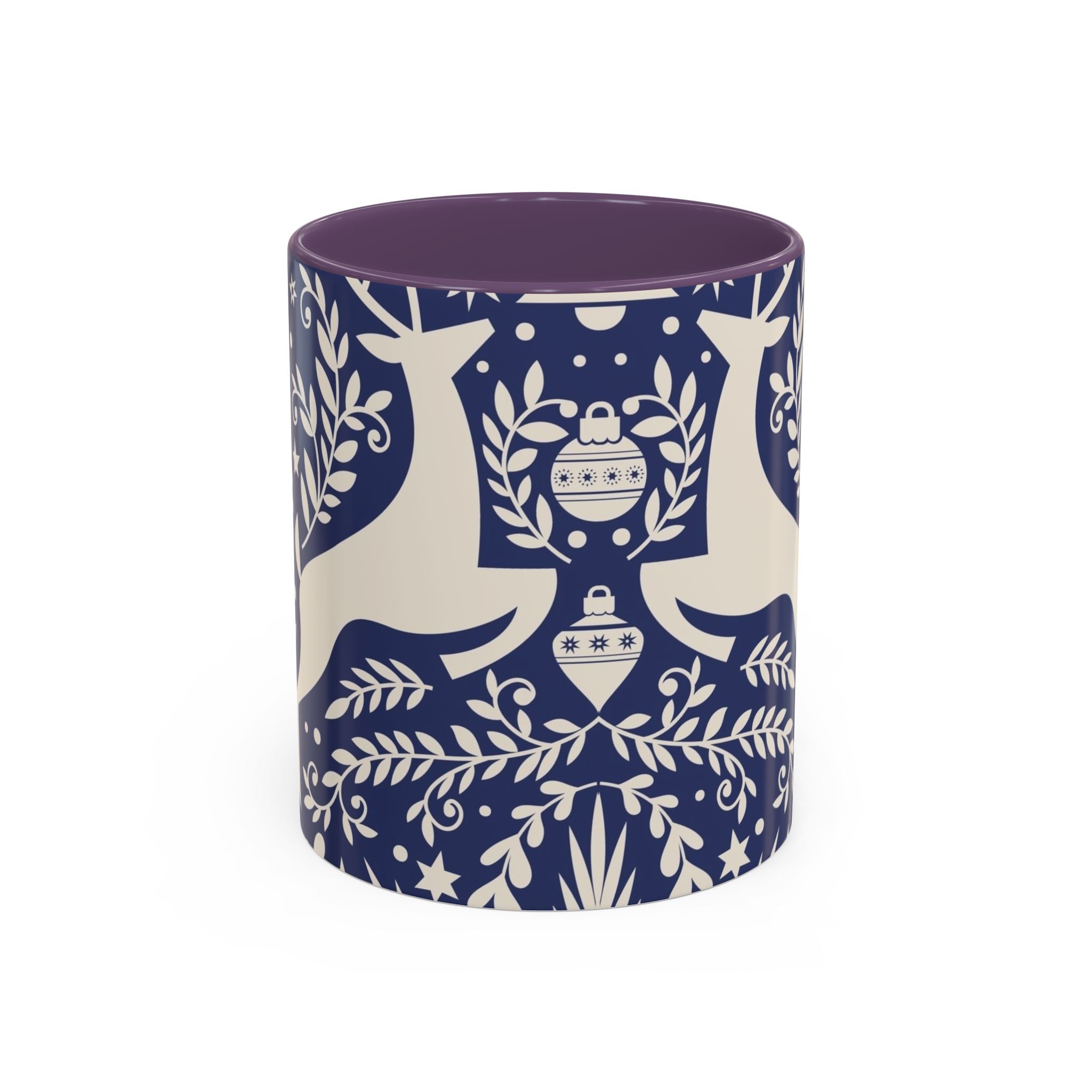 Nordic Reindeer Pattern Accent Coffee Mug — Blue Holiday Tea Cup (11/15oz)