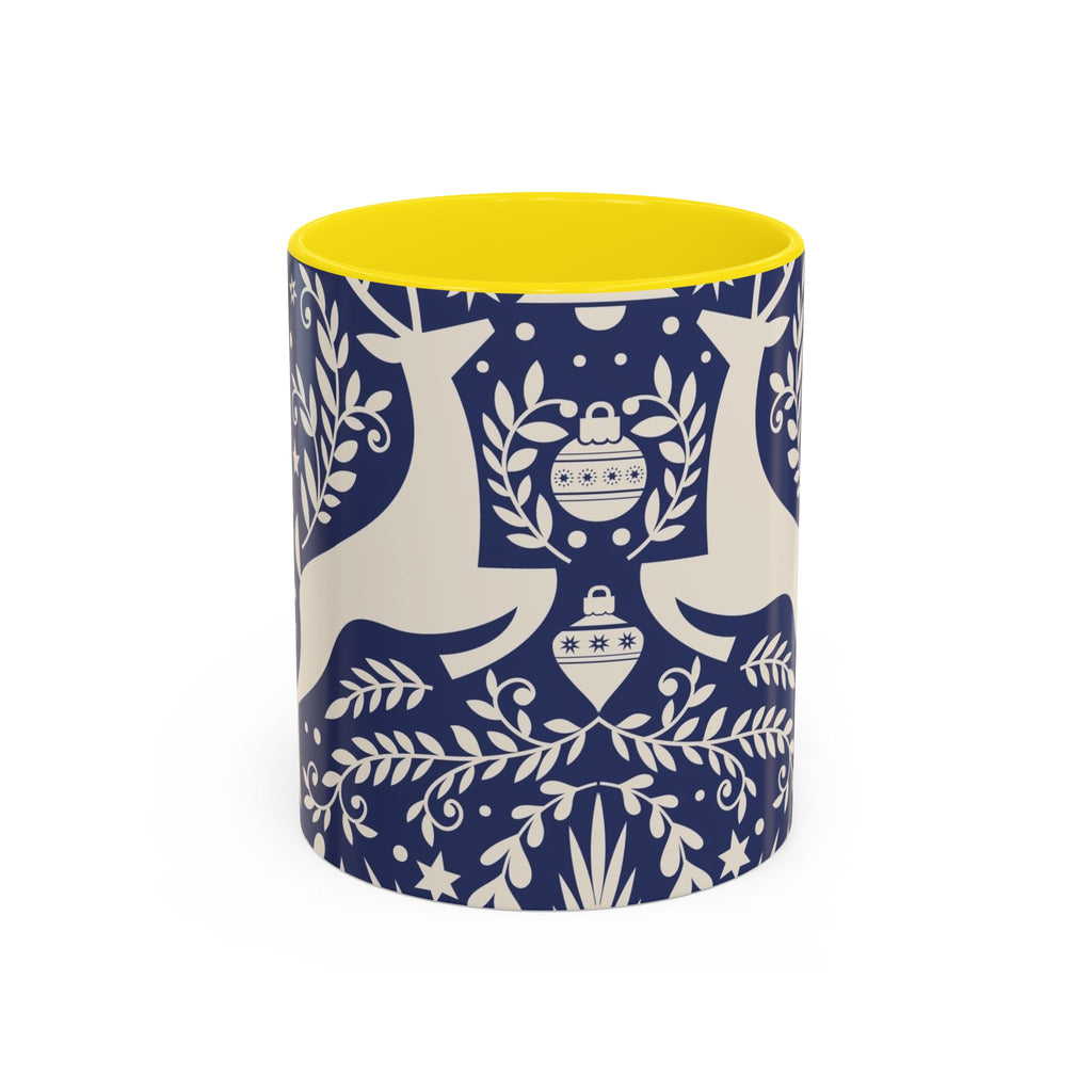 Nordic Reindeer Pattern Accent Coffee Mug — Blue Holiday Tea Cup (11/15oz)