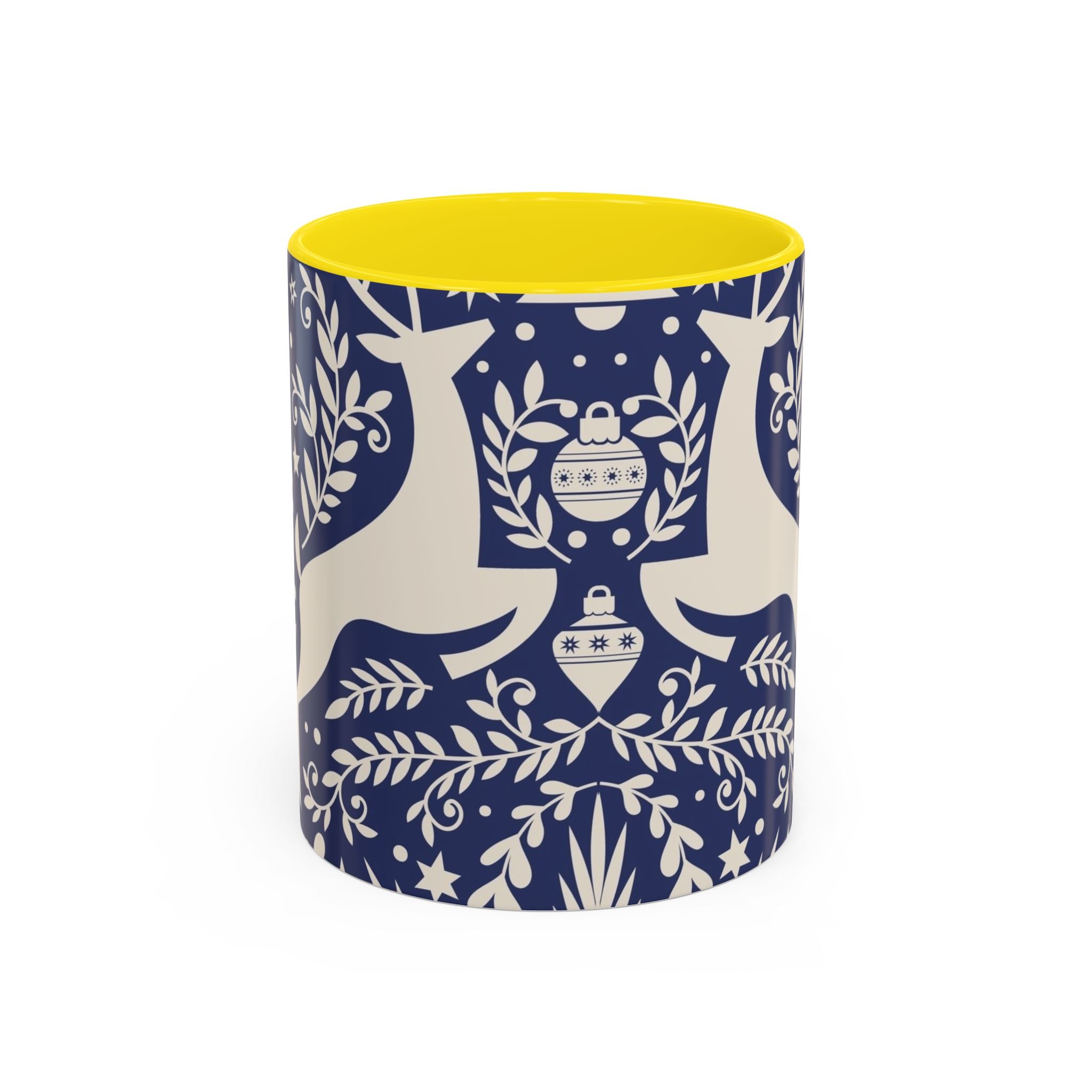 Nordic Reindeer Pattern Accent Coffee Mug — Blue Holiday Tea Cup (11/15oz)
