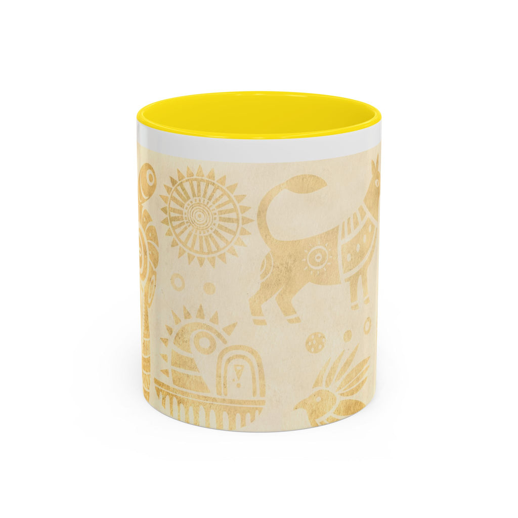 Golden Folk Art Coffee Mug — Animal Mask Pattern Accent Mug (11/15oz)