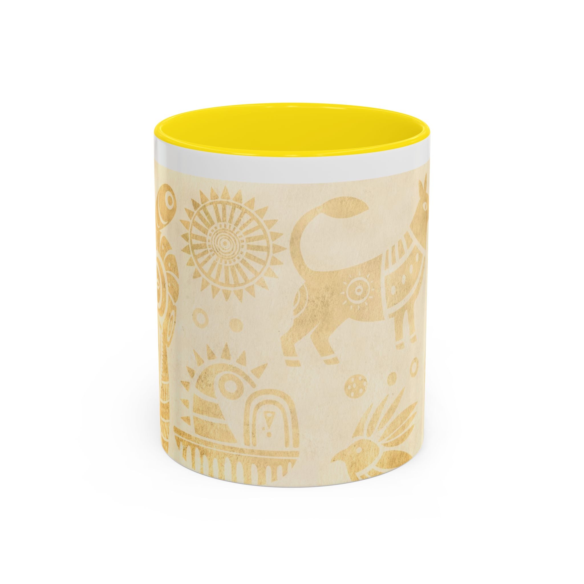 Golden Folk Art Coffee Mug — Animal Mask Pattern Accent Mug (11/15oz)