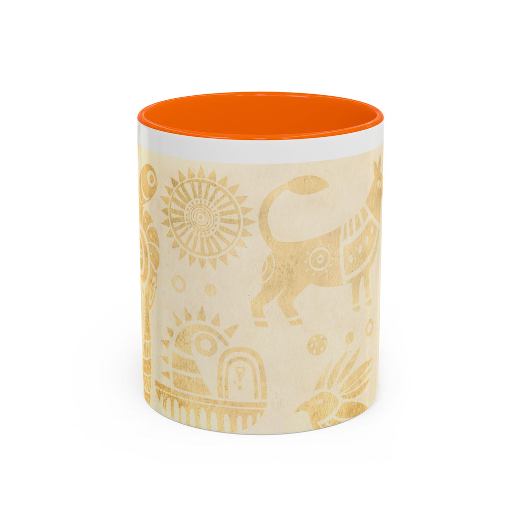 Golden Folk Art Coffee Mug — Animal Mask Pattern Accent Mug (11/15oz)