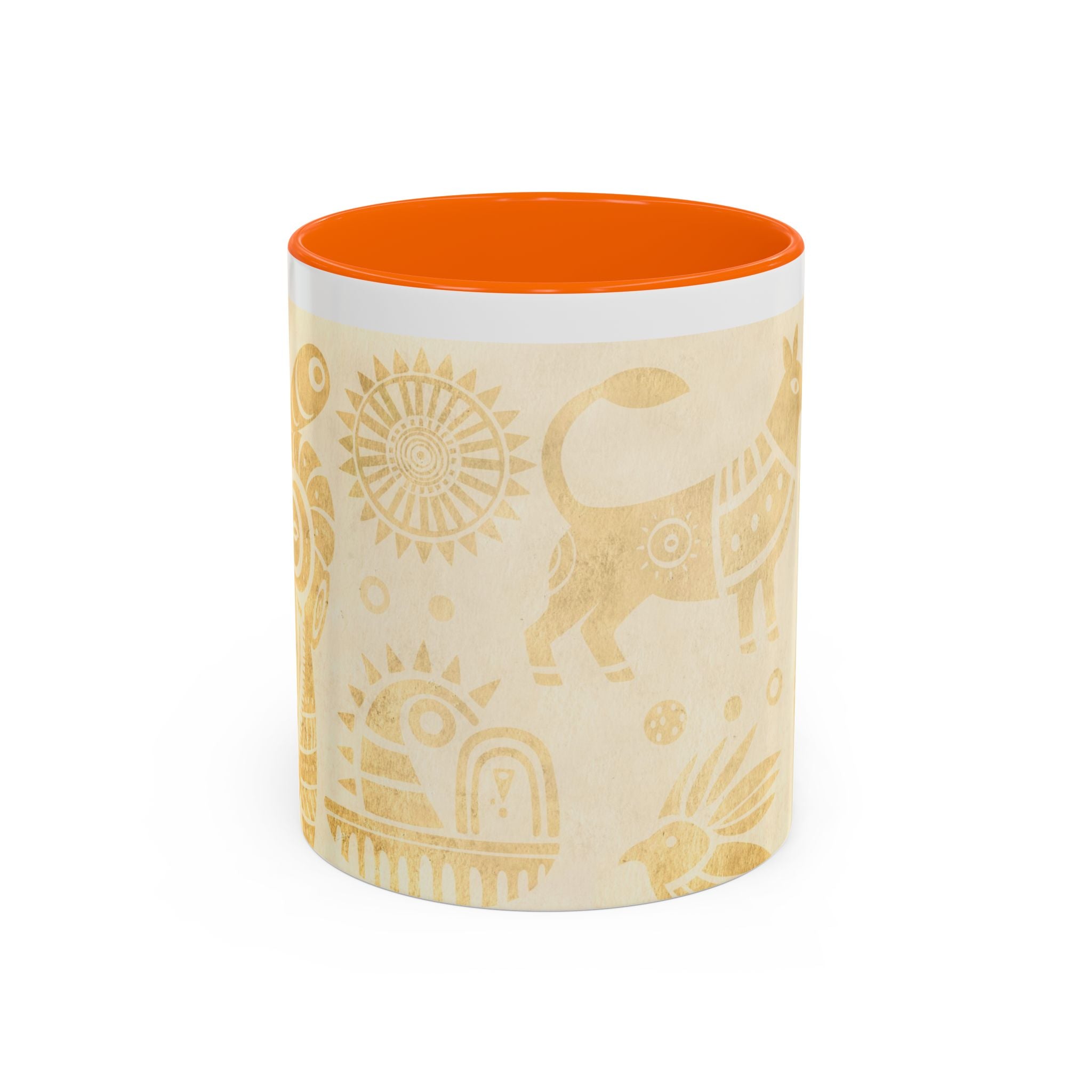 Golden Folk Art Coffee Mug — Animal Mask Pattern Accent Mug (11/15oz)