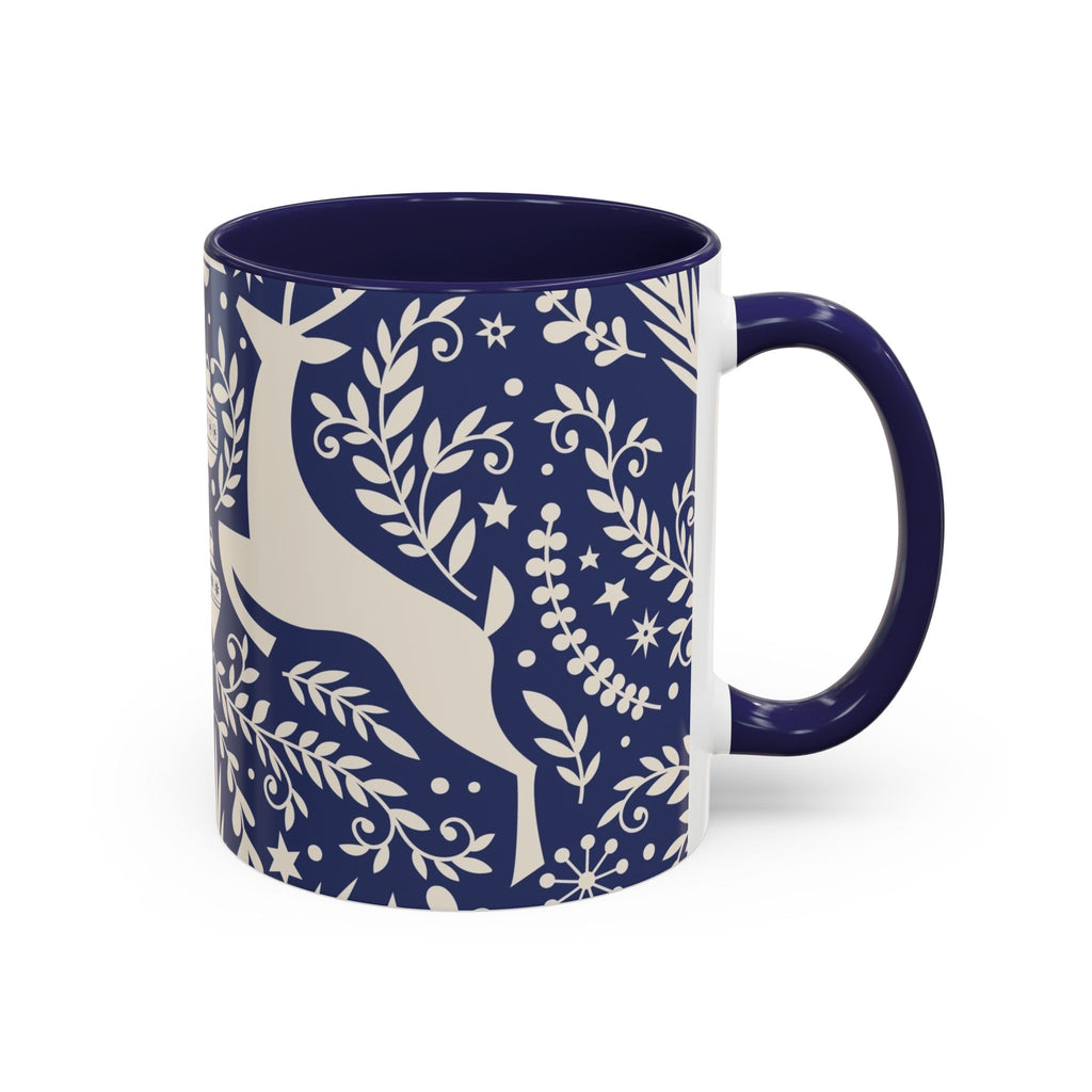 Nordic Reindeer Pattern Accent Coffee Mug — Blue Holiday Tea Cup (11/15oz)