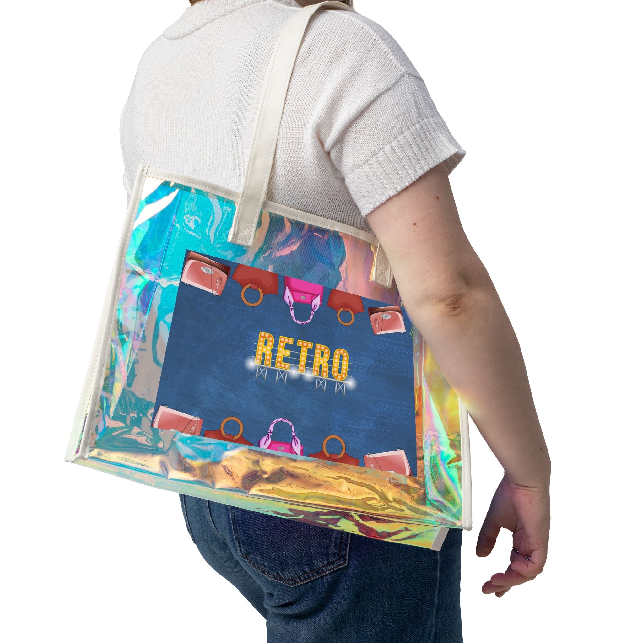 Holographic Beach Tote Bag — Retro Seaside Clear Carryall