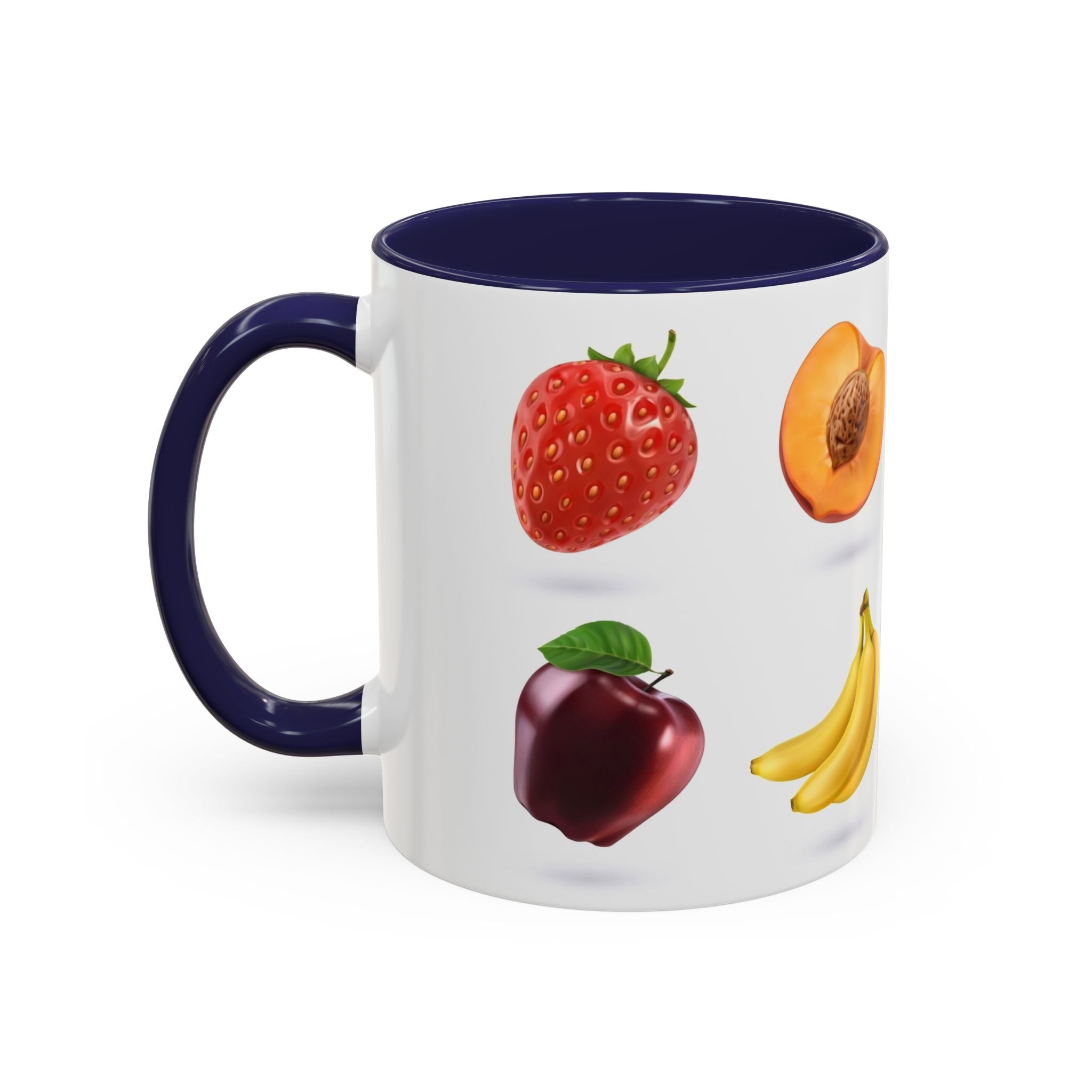 Fruit Pattern Accent Coffee Mug — Colorful Tropical Fruit Icons (11/15oz)