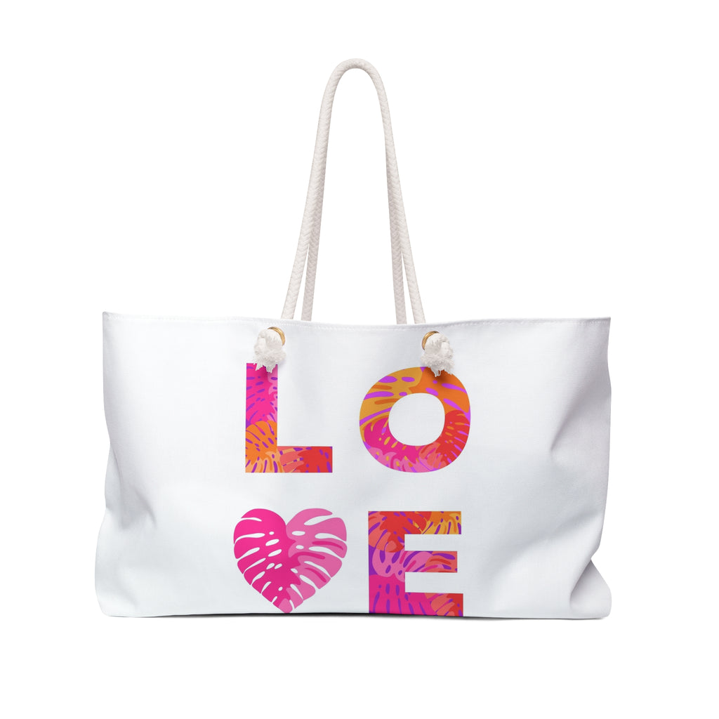 Tropical Love Typography Weekender Bag | Pink Palm Heart Travel Tote