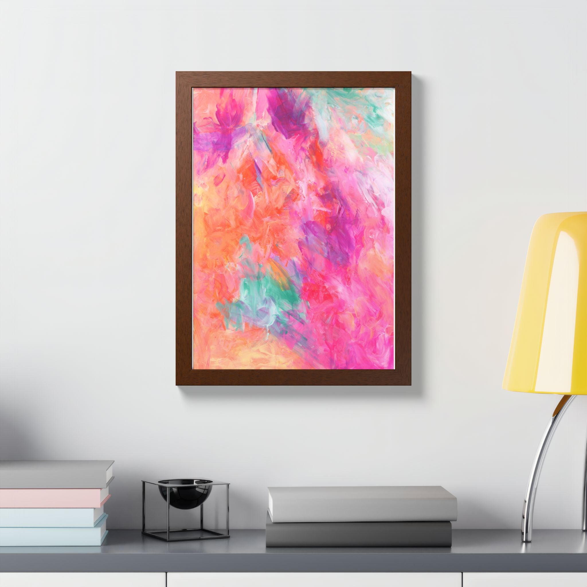 Vibrant Watercolor Abstract Framed Poster — Colorful Pink & Coral Wall Art
