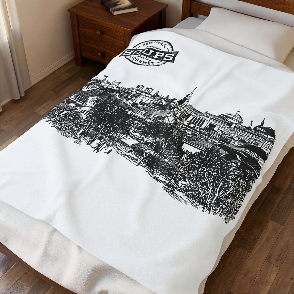 Cityscape Velveteen Plush Blanket - Vintage Skyline Illustration with 'Soups' Emblem