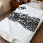 Cityscape Velveteen Plush Blanket - Vintage Skyline Illustration with 'Soups' Emblem