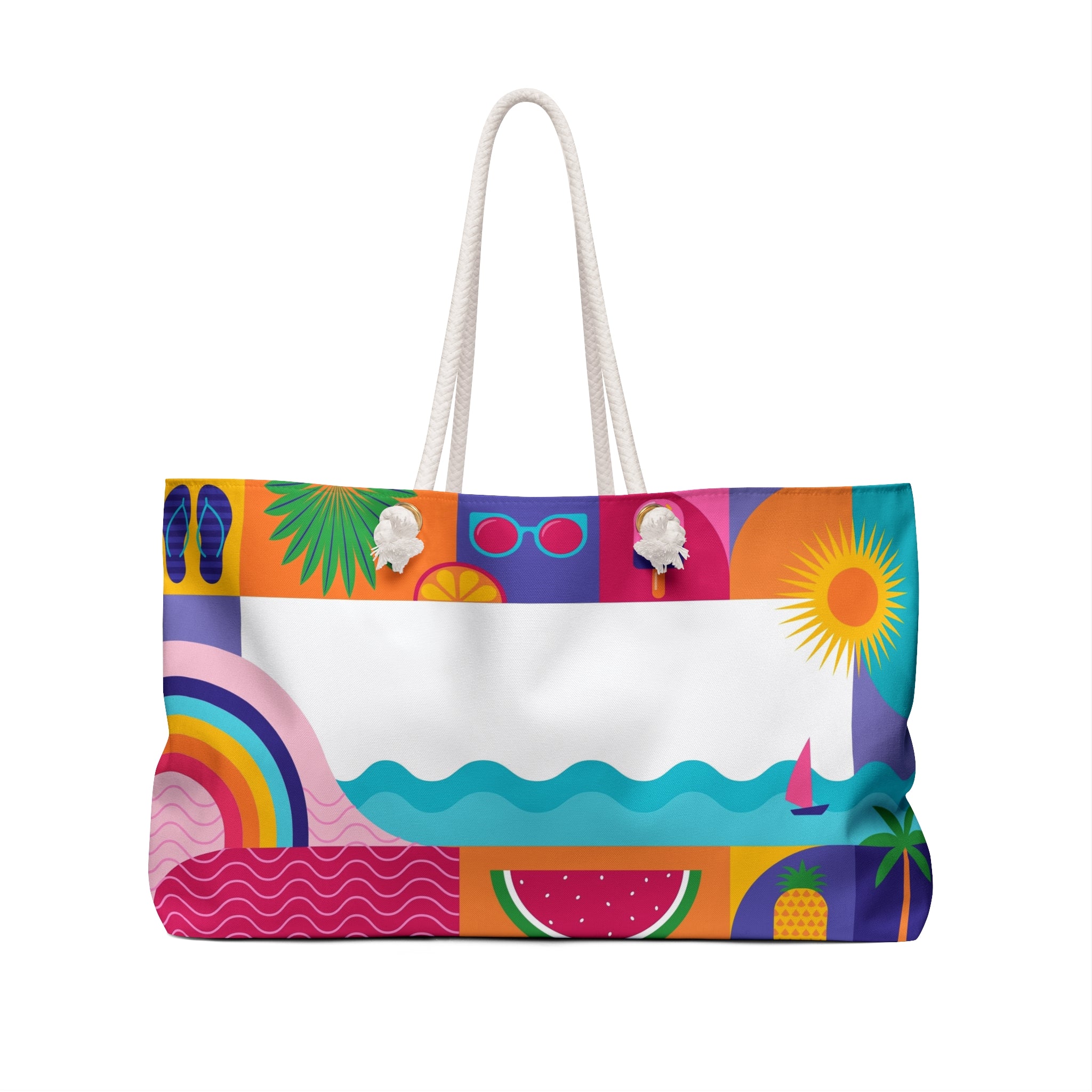 Hello Summer Colorful Beach Illustration Weekender Bag | Rainbow Watermelon Tote