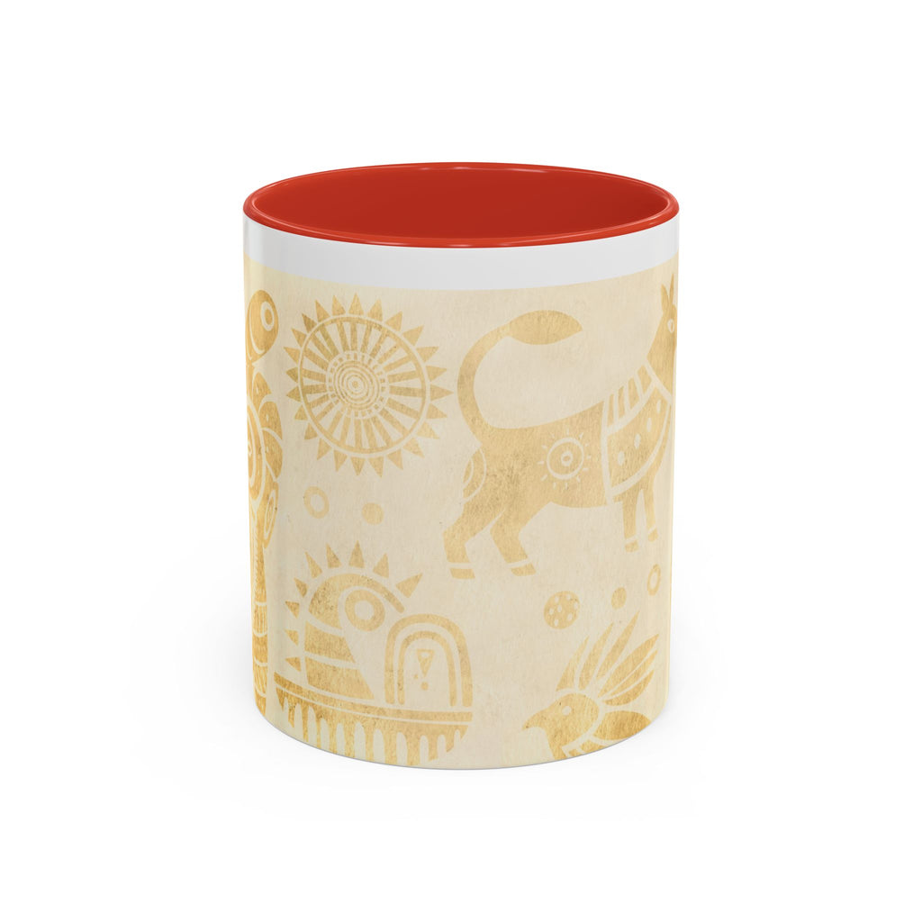 Golden Folk Art Coffee Mug — Animal Mask Pattern Accent Mug (11/15oz)