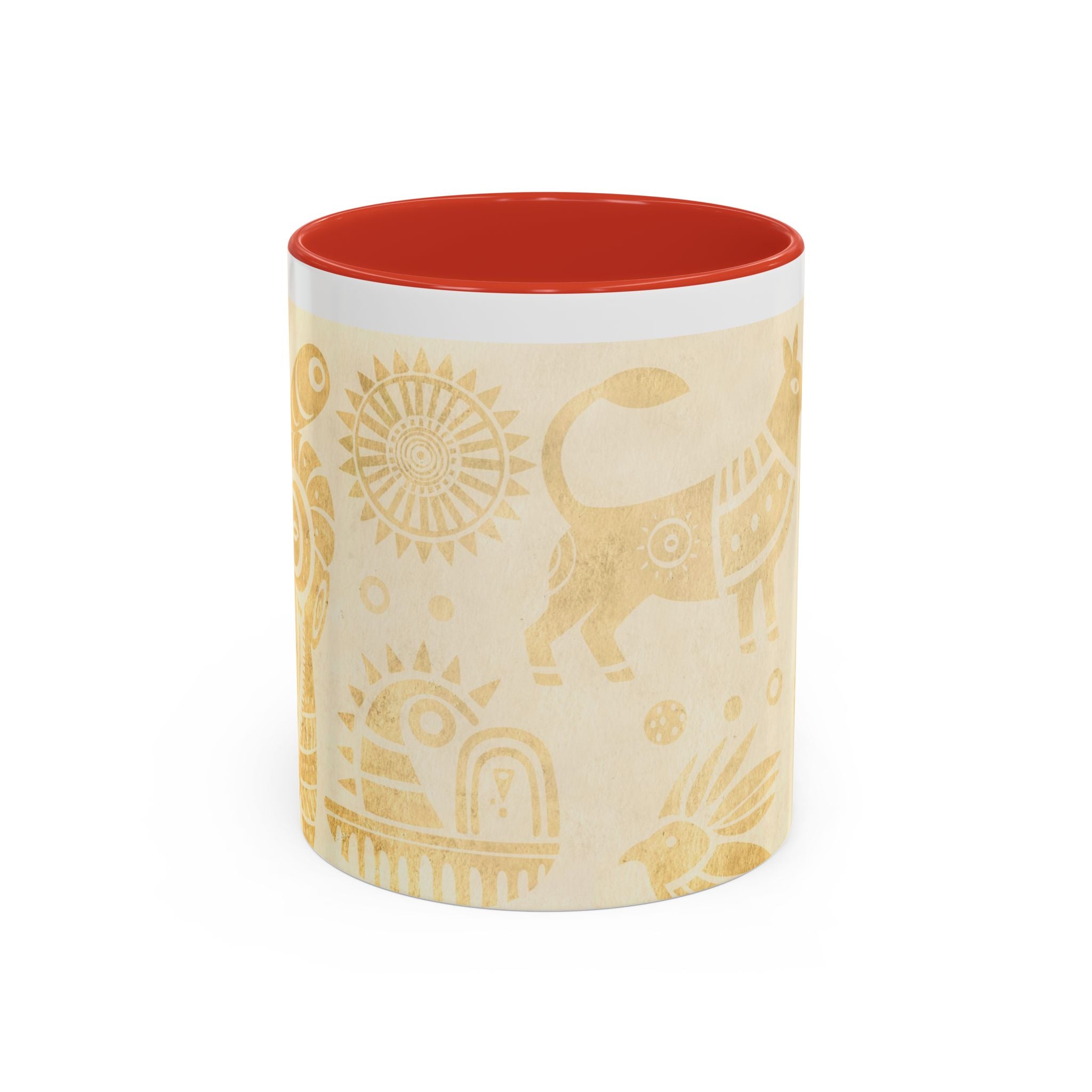 Golden Folk Art Coffee Mug — Animal Mask Pattern Accent Mug (11/15oz)
