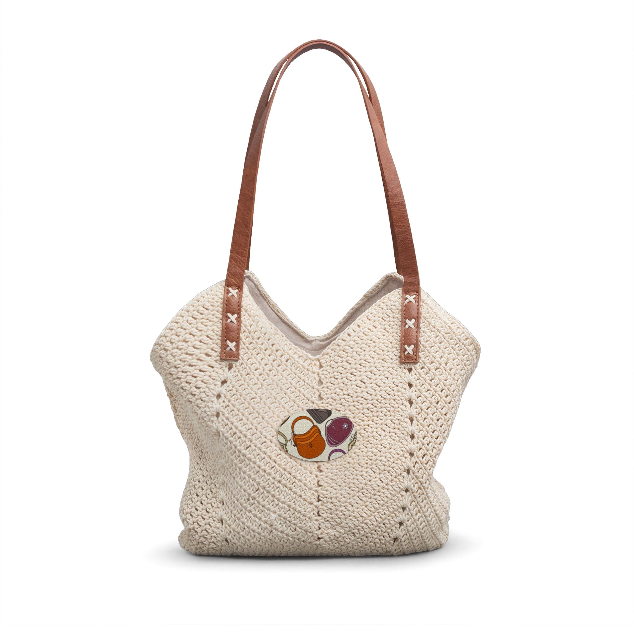 Boho Straw Shoulder Bag embroidered fruit patch | Straw Shoulder Bag