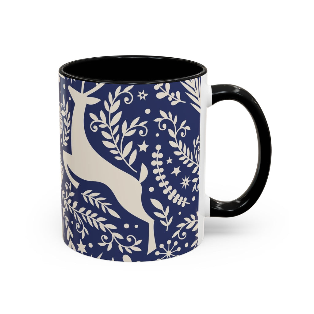 Nordic Reindeer Pattern Accent Coffee Mug — Blue Holiday Tea Cup (11/15oz)