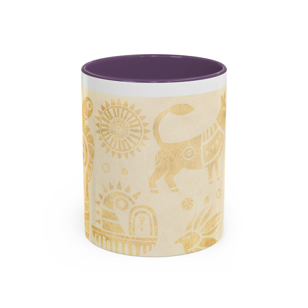 Golden Folk Art Coffee Mug — Animal Mask Pattern Accent Mug (11/15oz)