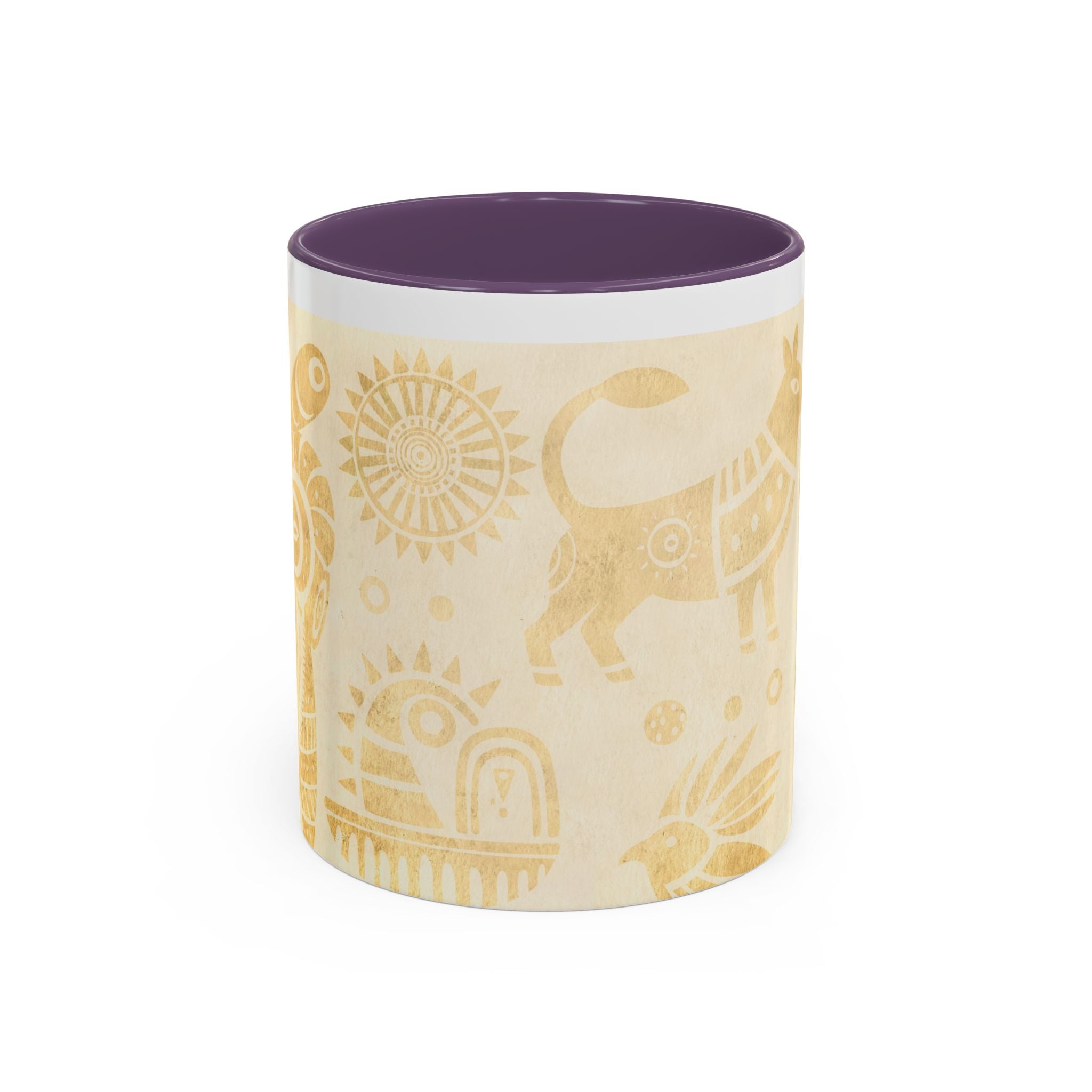 Golden Folk Art Coffee Mug — Animal Mask Pattern Accent Mug (11/15oz)