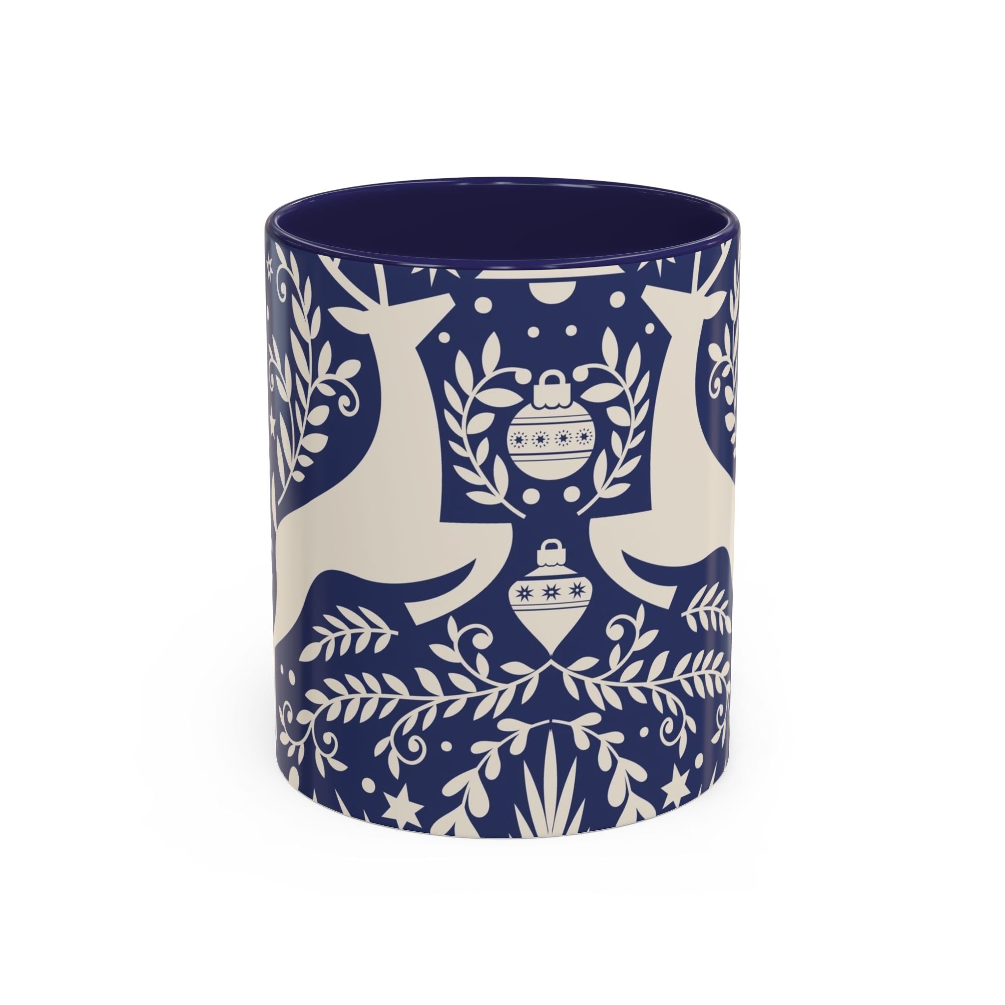 Nordic Reindeer Pattern Accent Coffee Mug — Blue Holiday Tea Cup (11/15oz)