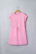 Solid Ribbed Knit Patchwork Drawstring Mini Dress