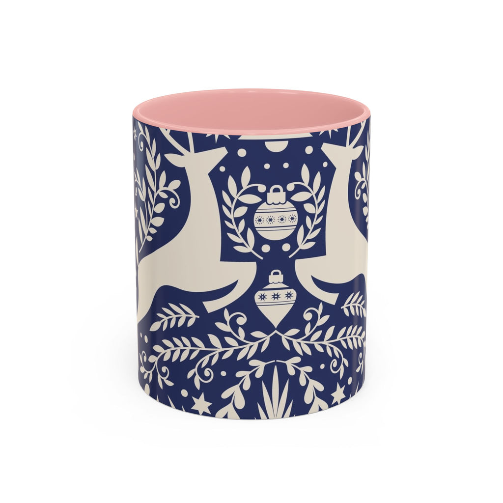 Nordic Reindeer Pattern Accent Coffee Mug — Blue Holiday Tea Cup (11/15oz)