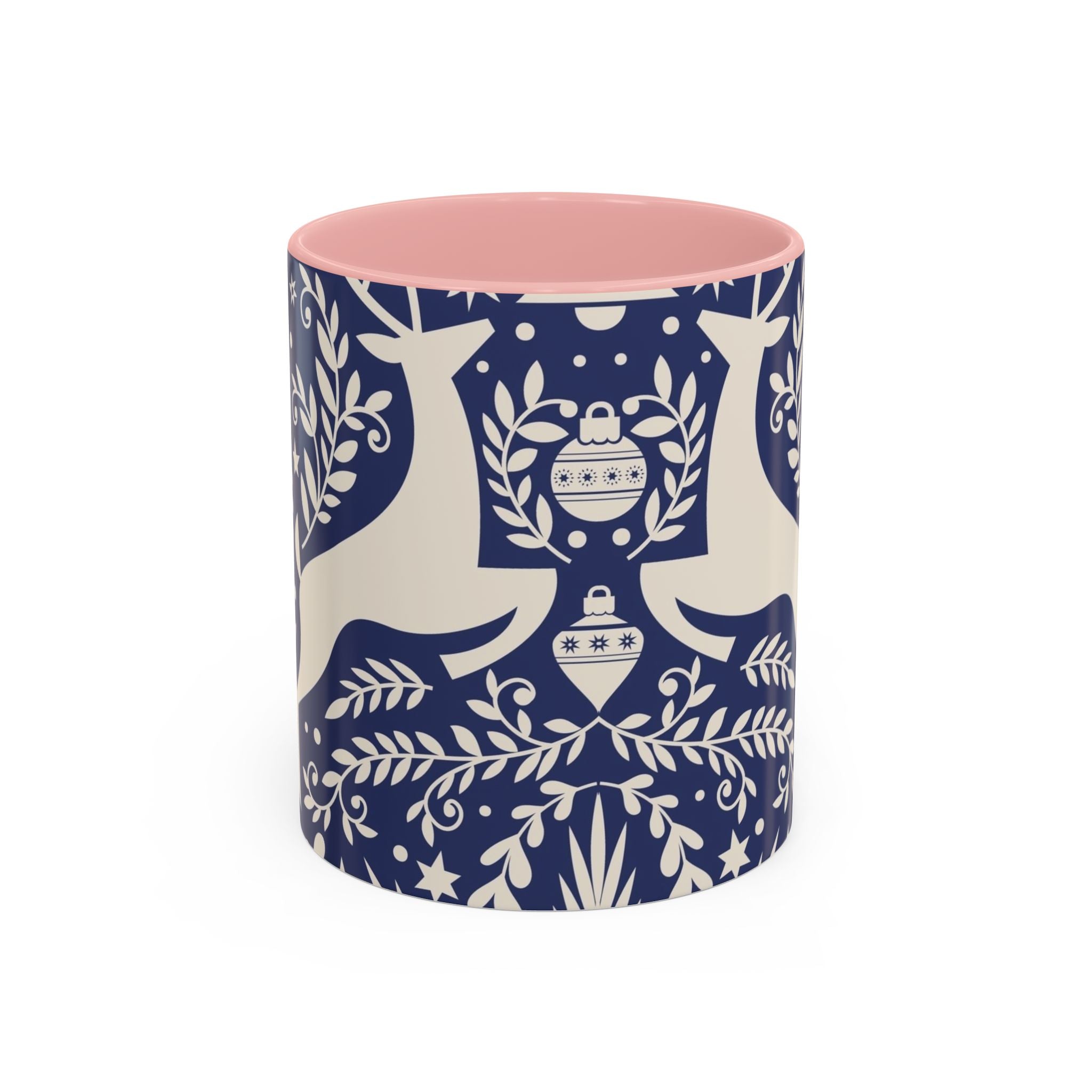 Nordic Reindeer Pattern Accent Coffee Mug — Blue Holiday Tea Cup (11/15oz)
