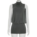 Women Clothing Summer Solid Color Casual Sleeveless Turtleneck Mini