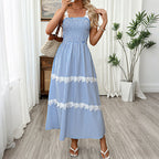 Long Halter Dress Women Summer Elegant Backless Stitching Lace Lace